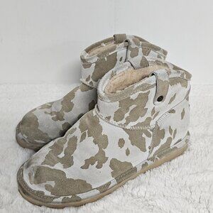 BearPaw Suede Bootie Cow Print Faux Fur Gray Tan Winter Grunge 9